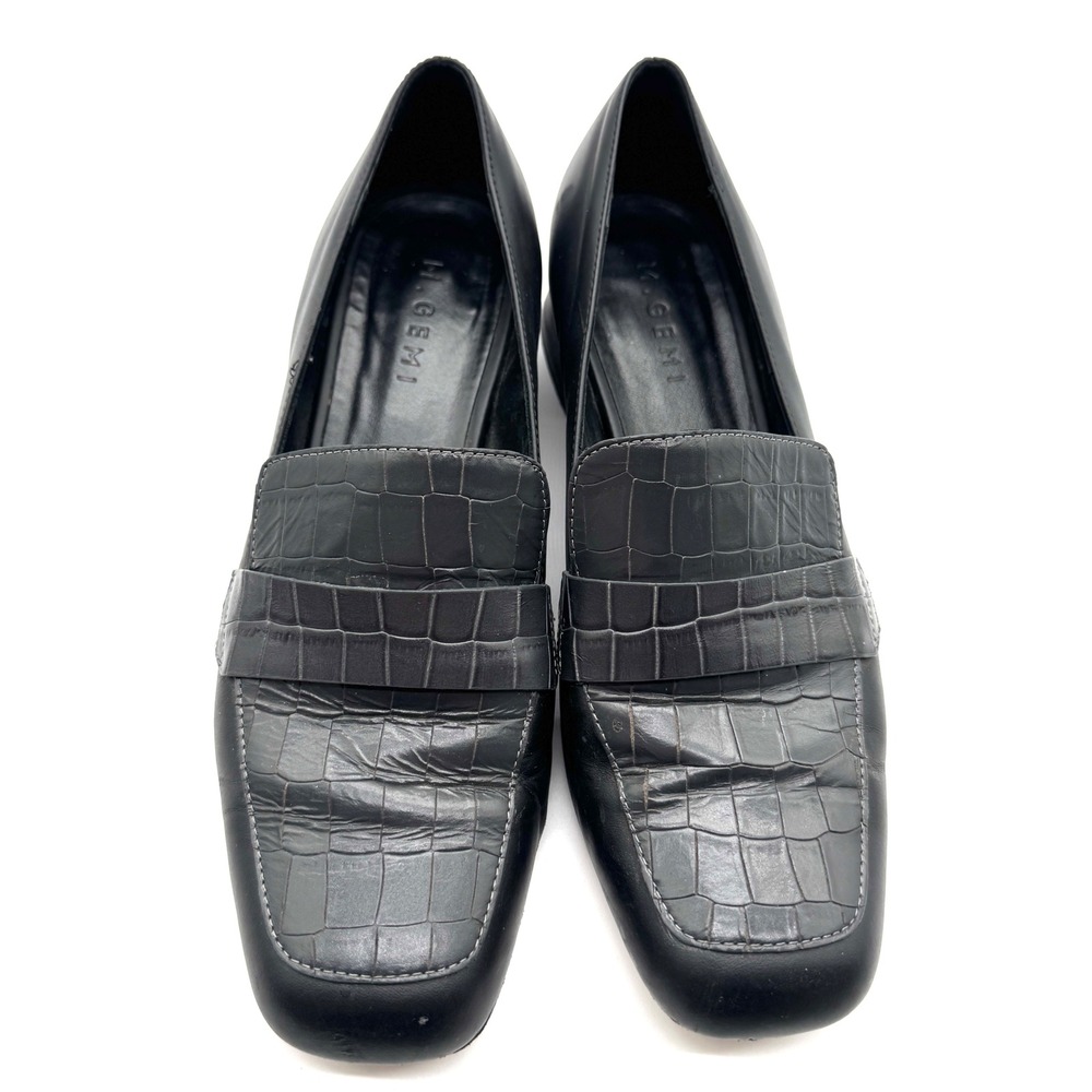M Gemi Gray Black Croc Embossed Leather Loafer Block Heels Made in Italy Size 40
